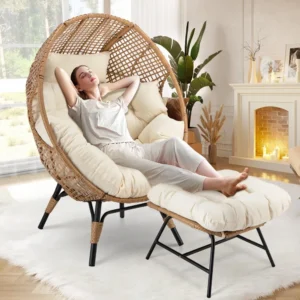 Wicker Patio Egg Chair with Ottoman, Rattan Teardrop Cuddle Cocoon Chair for Indoor Outdoor