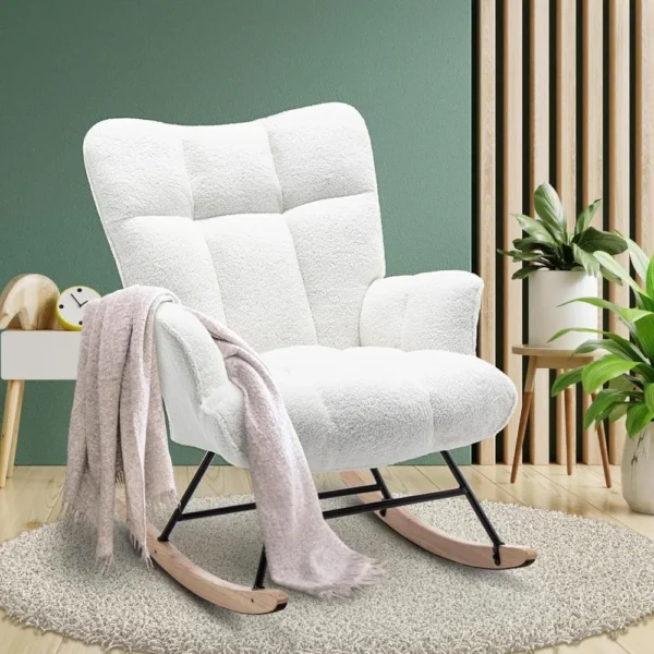 Rocking Chair Nursery Teddy, Upholstered Baby Fluffy Glider Rocker for Adults Small Spaces Indoor, Comfy Sherpa Compact