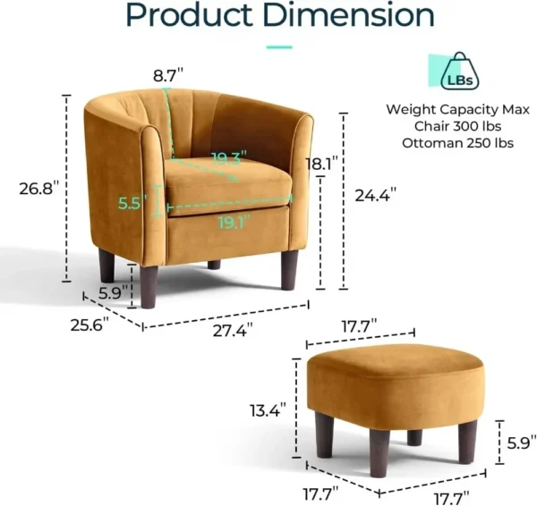Velvet Accent Chair, Barrel Chair with , Modern Comfy Reading Chair Armchair for Living Room Study Room Office, Yellow - Image 2